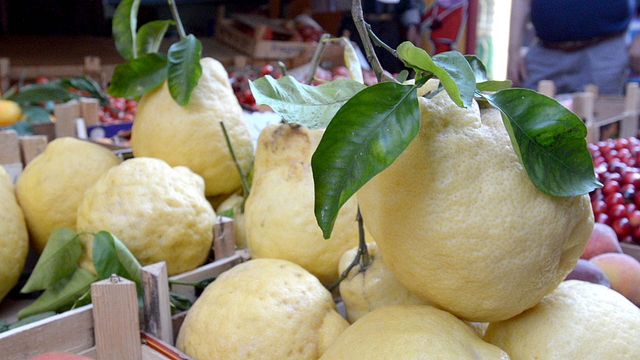 Some giant lemons, that Sorrento Italy is widely known for, at one of the food markets in Sorrento Italy