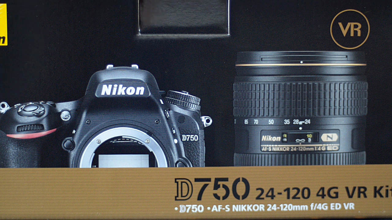 The photograph is a medium view of the box the Nikon D750 DSLR camera body and the Nikkor AF-S 24-120 f4 lens kit comes in