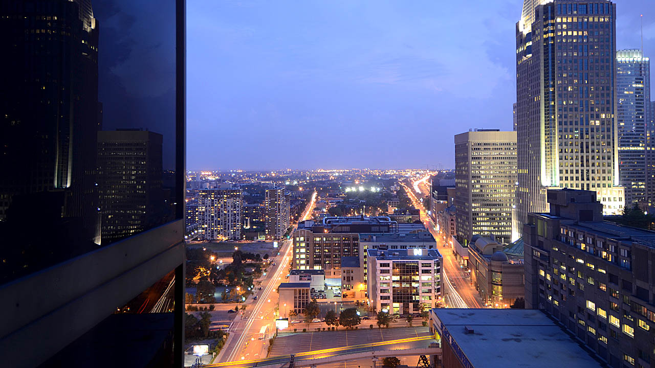 Amazing view from the 21st floor of the Delta Hotel in downtown Montreal Canada. A frame grab photograph from the time lapse video called Nikon D750 Time Lapse - View from our Montreal Hotel Room posted here https://www.youtube.com/watch?v=6ssnxw-Dsto